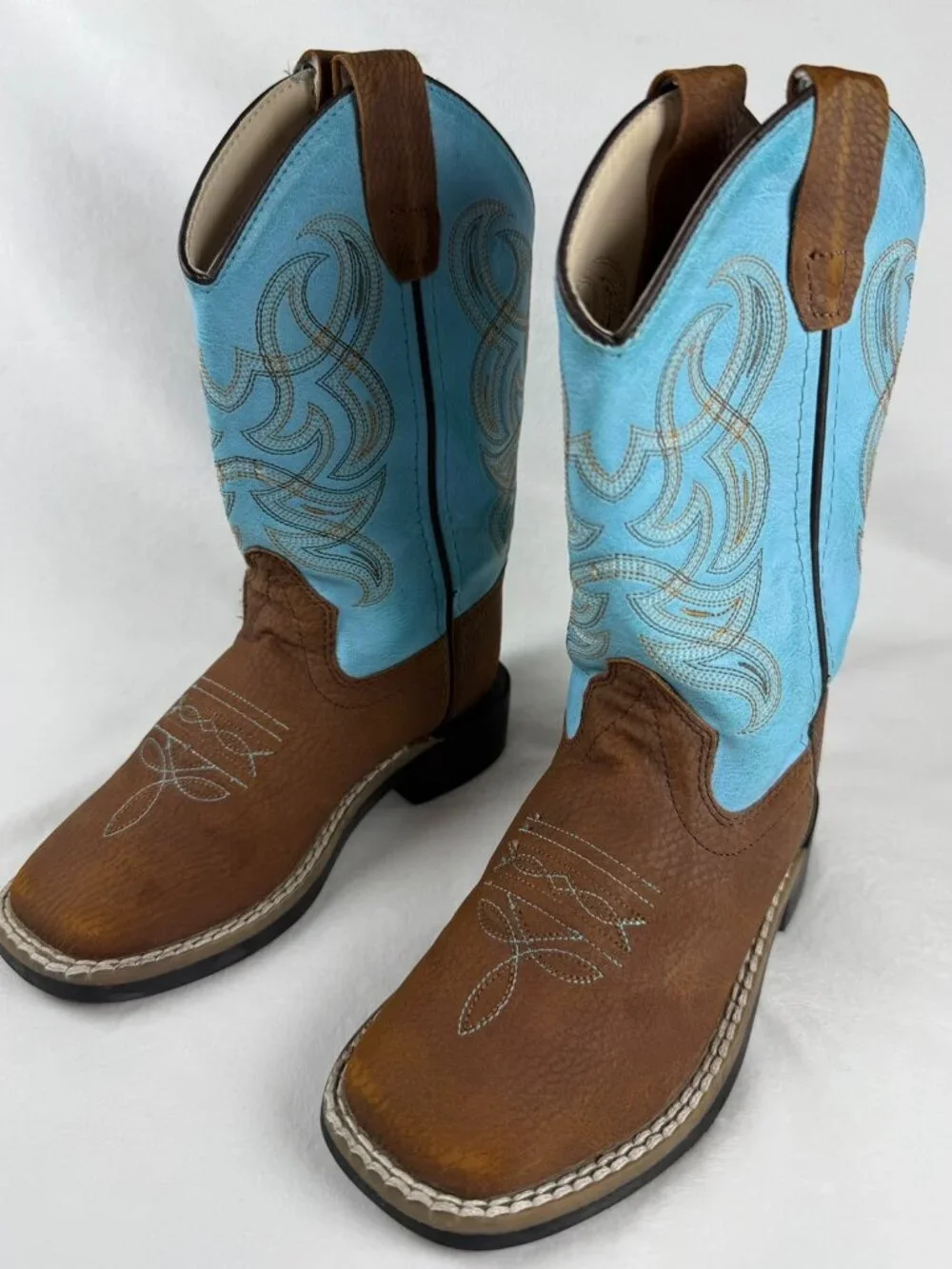 Old West Kids Cowboy Boots Size 10.5 D Brown Turquoise Square Toe Western VB9167